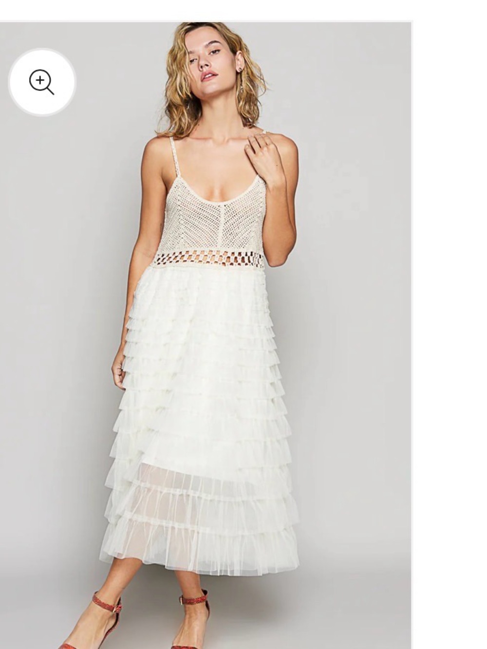 POL Cream Crochet Bodice Ruffled Tulle Maxi Dress